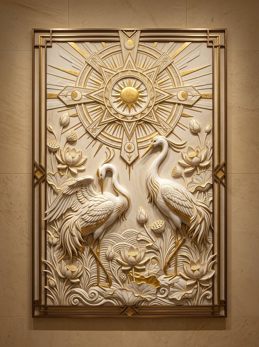 Sacred Cranes & Solar Mandala Wall Relief